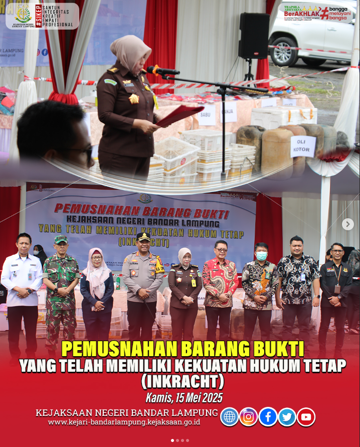 Kejaksaan Negeri Bandar Lampung melaksanakan kegiatan Pemusnahan Barang Bukti dari perkara tindak pidana umum yang telah berkekuatan hukum tetap (inkracht), dengan total 373 perkara yang ditangani dalam periode 6 November 2024 hingga 15 Mei 2025. Kegiatan ini dilaksanakan pada Rabu, 15 Mei 2025.