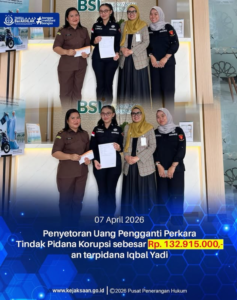 penyetoran uang pengganti perkara tindak pidana korupsi sebesar Rp. 132.915.000 an terpidana iqbal yadi
